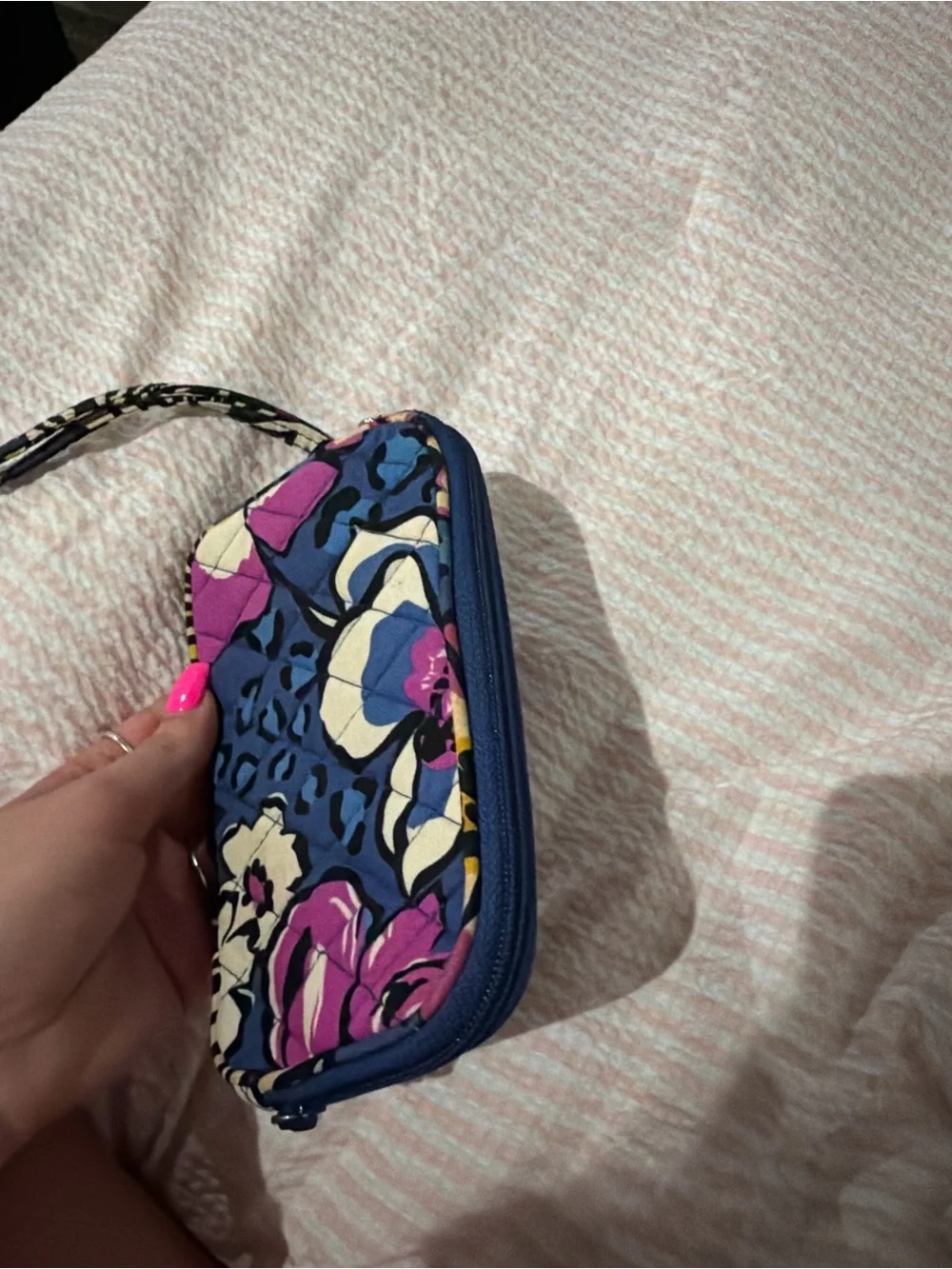 Vera Bradley Blue Floral Quilted Wristlet Pouch with Pink Accents